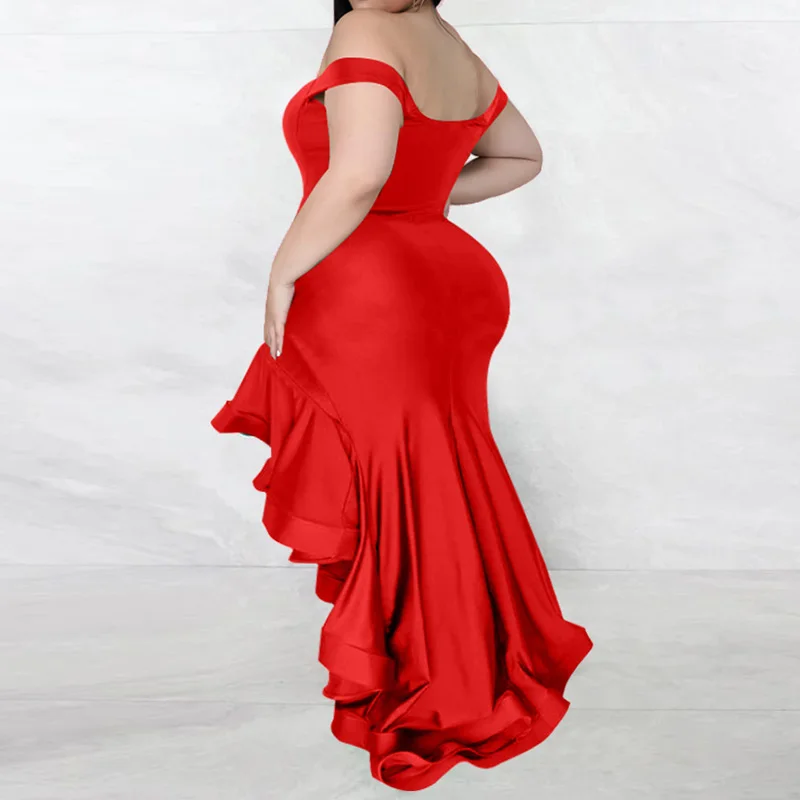 Plus Size Women Clothing Off Shoulder Solid Ruffles Patchwork Evening Party Sexy Tube Top Zipper Sleeveless Irregular Dress