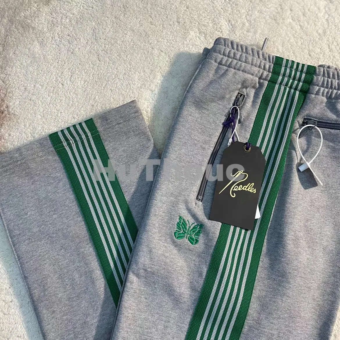 

Grey Needles Pants Men Women 1:1 High Quality Green Striped Webbing Embroidery Butterfly Needles Track Pants AWGE Trousers