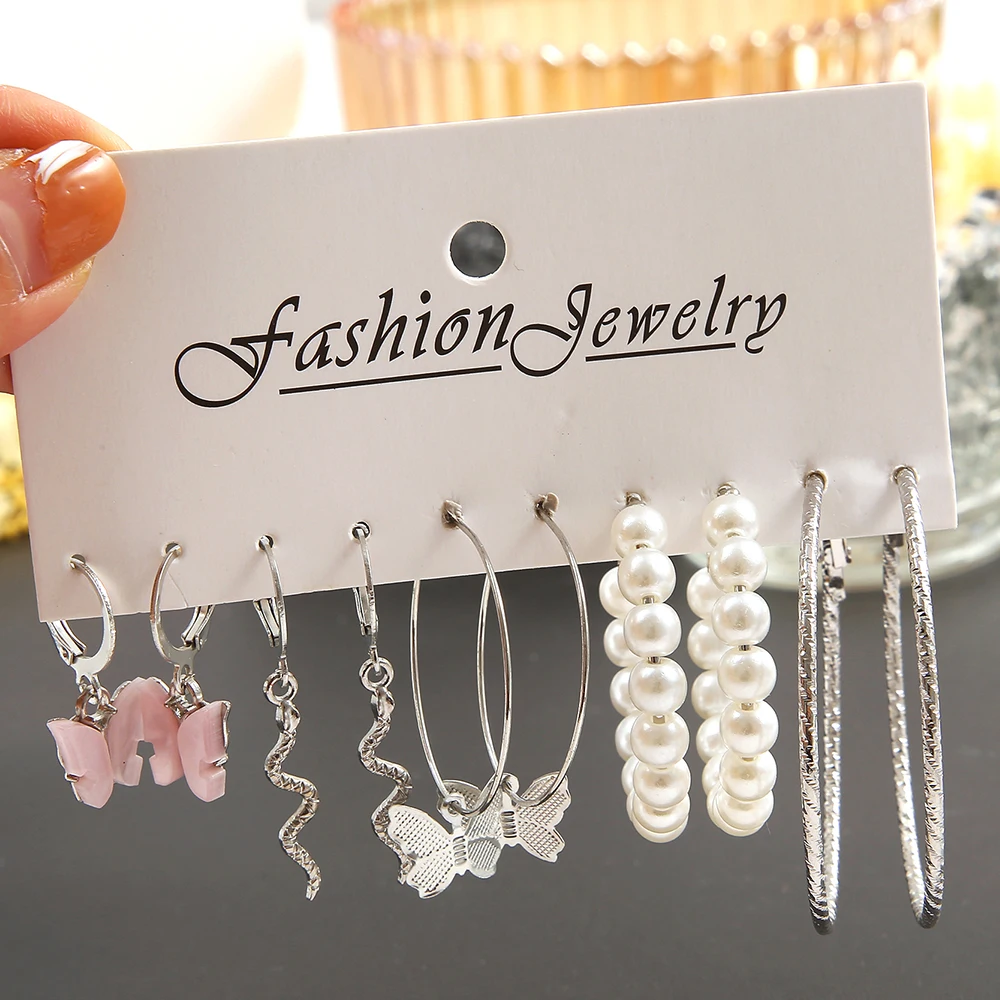Fashion Big Silver Color Round Circle Pearl Hoop Earrings for Women Girls Snake Butterfly Dangle Earring Set Female Y2K Jewelry