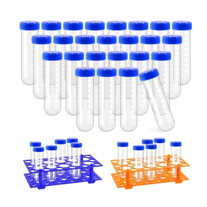 25Pcs Plastic Centrifuge Tubes with Screw Caps and Tubes Rack, 50ml Graduated Centrifuge Sample Storage Container
