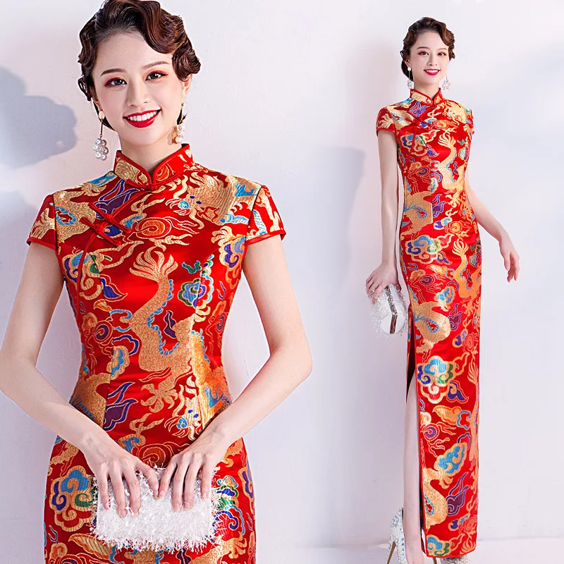 중국어 새해 여성 의류 긴 드레스 빨간 cheongsam qipao 웨딩 드레스 플..