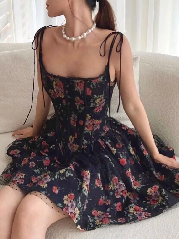 Women Black Floral Print Corset Style A-line Mini Dress With Mesh Bra Detail