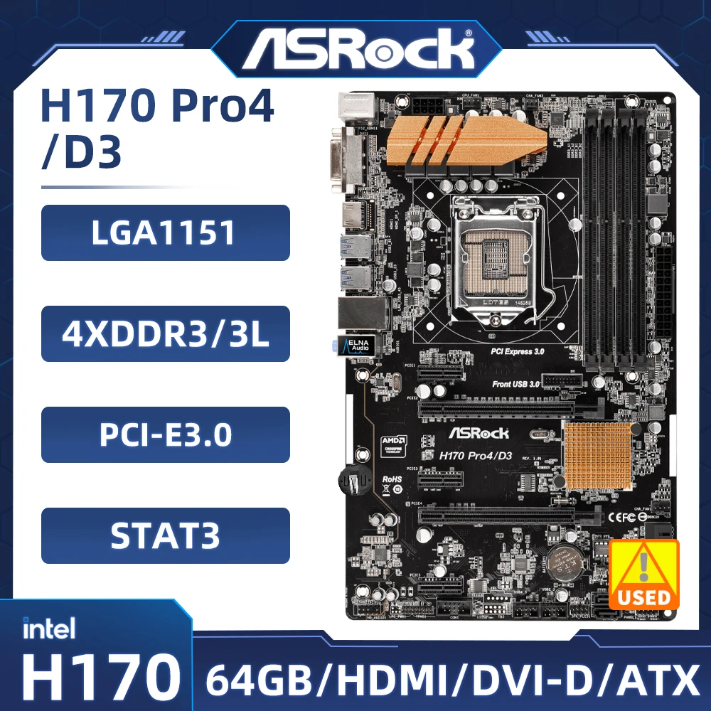 

1151Motherboard ASRock H170 Pro4/D3 Intel H170 4xDDR3 64GB 2xSATA USB 3.1 HDMI ATX Supports 6th/7th gen Core i5-6600 i3-7100 cpu