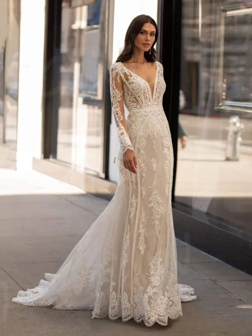 Exquisite Wedding Dresses Deep V-Neck Bridal Gowns Lace Appliques Long Sleeves Floor Length Robes Vestidos De Novia Customized 3