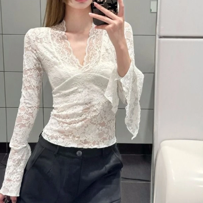 Fake Two-piece Off Shoulder Long Sleeve T-shirt Women's Sexy Slash Neck Flare Sleeve Base Shirt Top Autumn Casual Slim Fit Tops