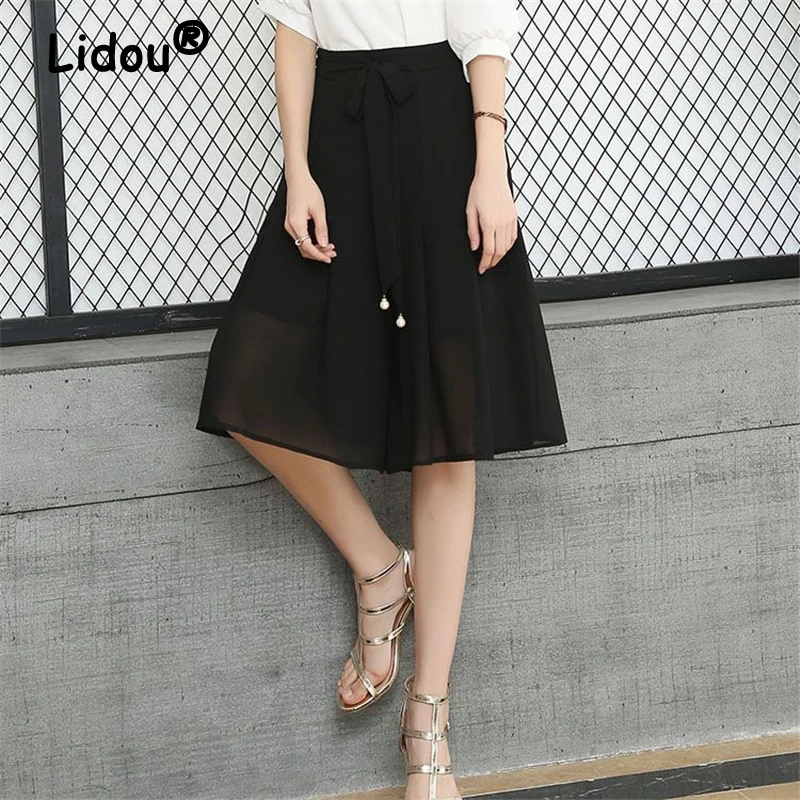 Women Clothes New Summer Fashion Bow Elegant Knee Length Wide Leg Pants Office Lady High Waist Chic Draped Pleated Shorts Skirts