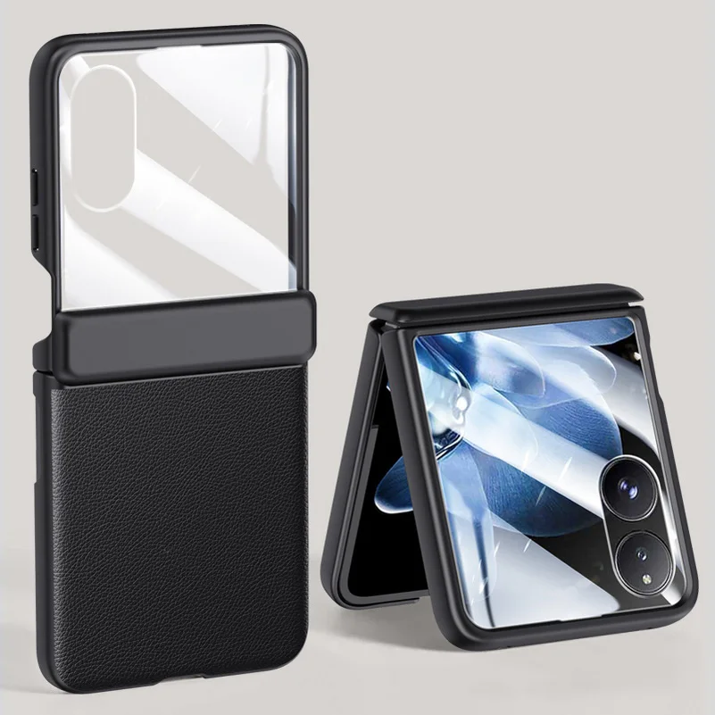 Spring Hinged Leather Screen Protector Case with Tempered Glass