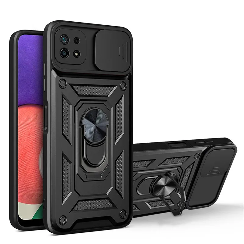 Shockproof Slide Lens Armor Phone Case with Magnetic Ring Holder - Enhanced Protection