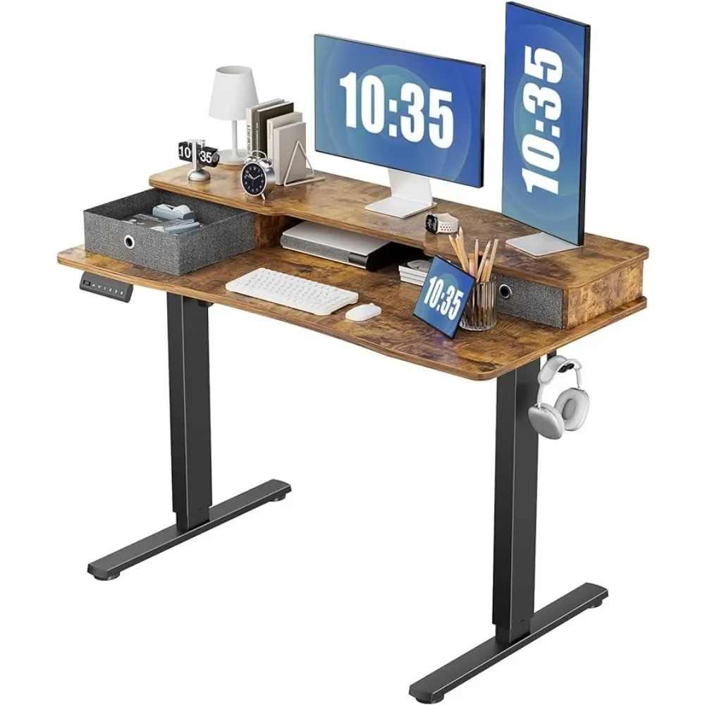 

Electric Standing Desk With Double Drawer - 48 X 24 Inch Adjustable Height Sit to Stand Up Desk With Storage Shelf Home Office