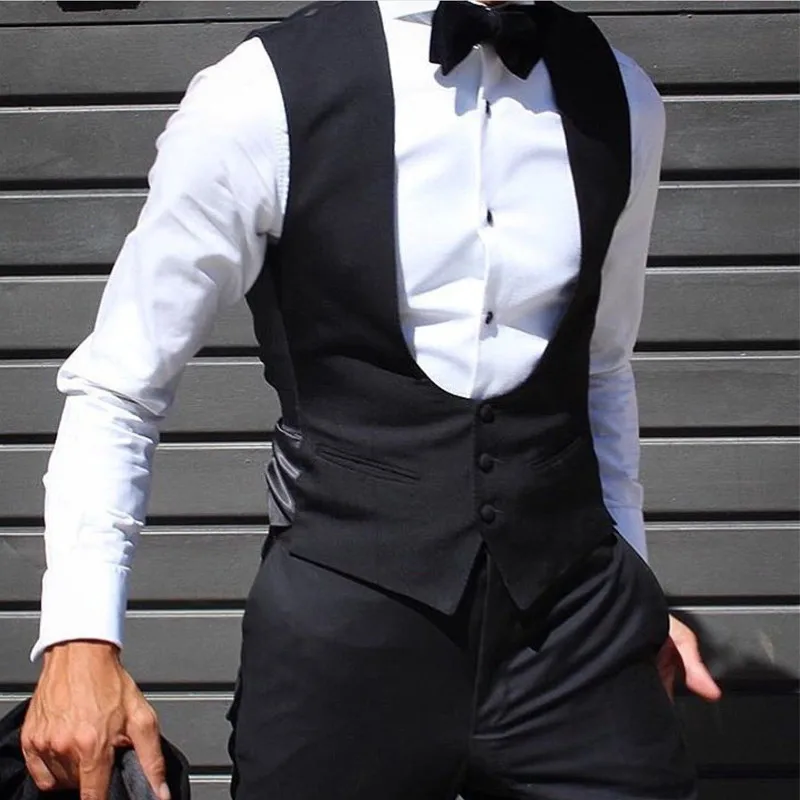Black Men's Vests Wedding Groom Tuxedo One Piece Slim Solid Color Men's Fashion Waistcoat