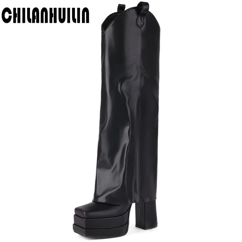 

punk folded double barrel runway boots square toe autumn winter boots woman fashion thick platform knee high boots high heels
