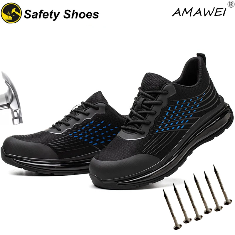 AMAWEI Man Steel Toe Safety Shoes Light Work Sneakers Anti Stab Anti