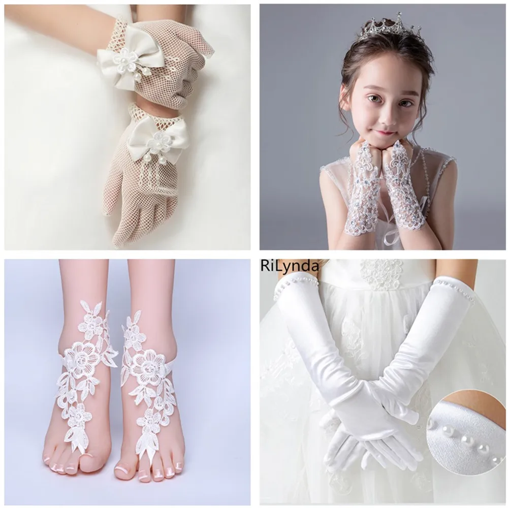 Fashion Beauty Girl Red White Fingerless Wedding Gloves Lace Beaded Bridal Wedding Accessories Stage Performance