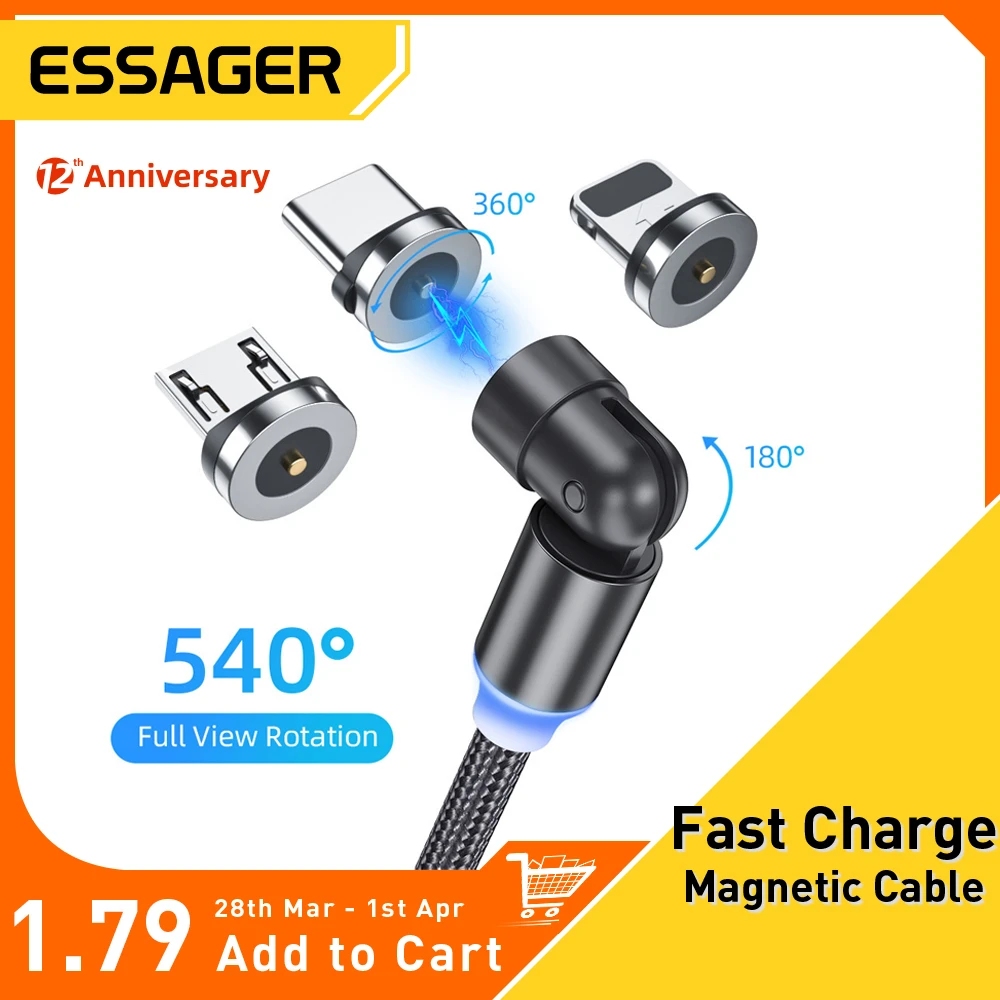 magnetic charger for android Essager 540 Rotate Magnetic Type C Cable Fast Charging Magnet Charger Micro USB-C Cable For iPhone Xiaomi Mobile Phone Wire Cord android c charger