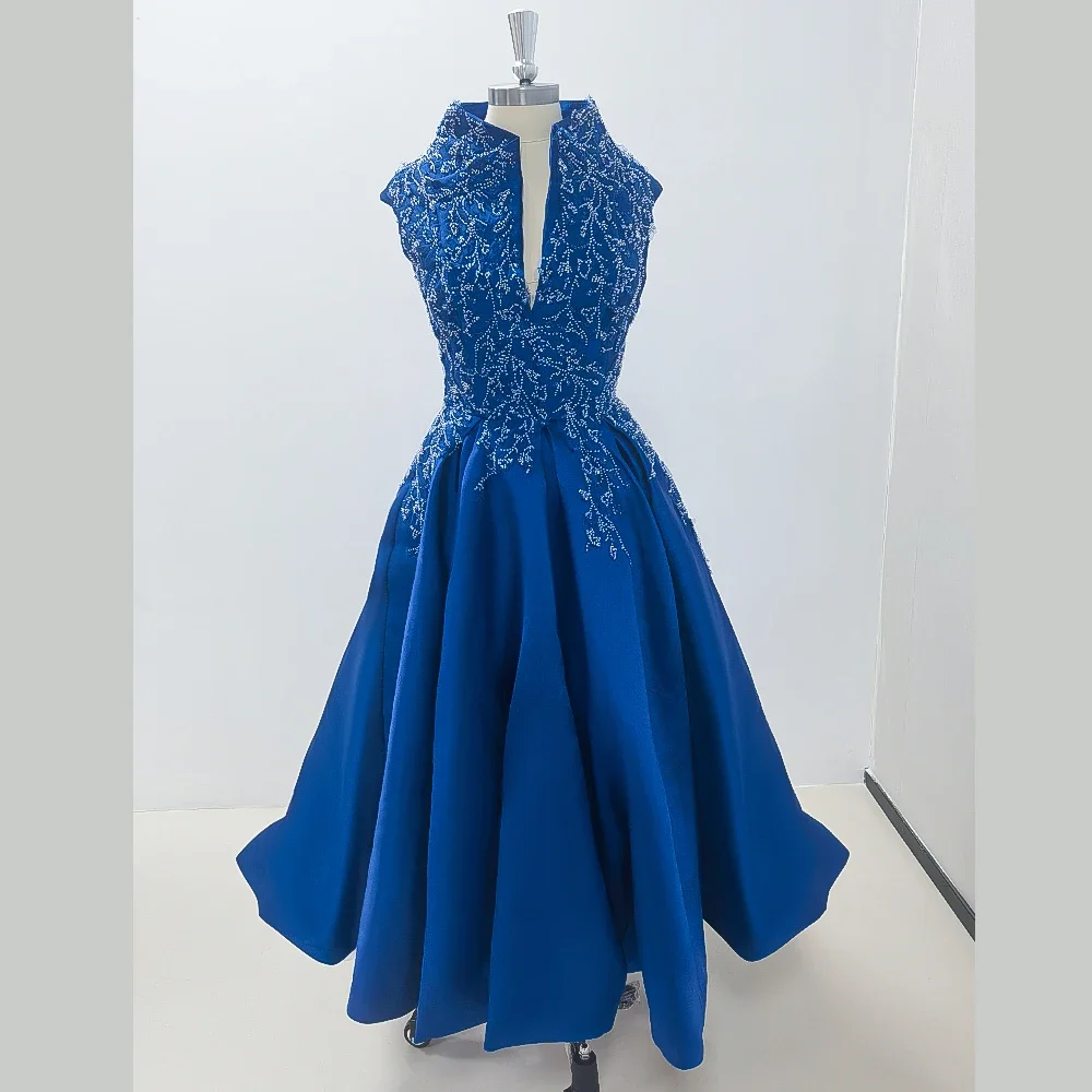 

Luxury Blue Bespoke Evening Dresses Sleeveless Appliques Sleeveless Beading V-Neck Special Occasion Prom Party Gown A-Line Dress