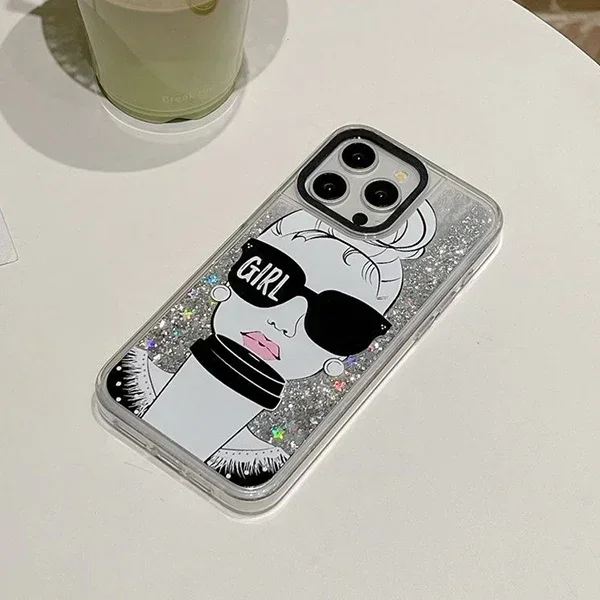 Transparent Border Quicksand Cartoon Animal Sunglasses Girl iPhone 12 13 14 15 Pro Max Case - Protective iPhone Case