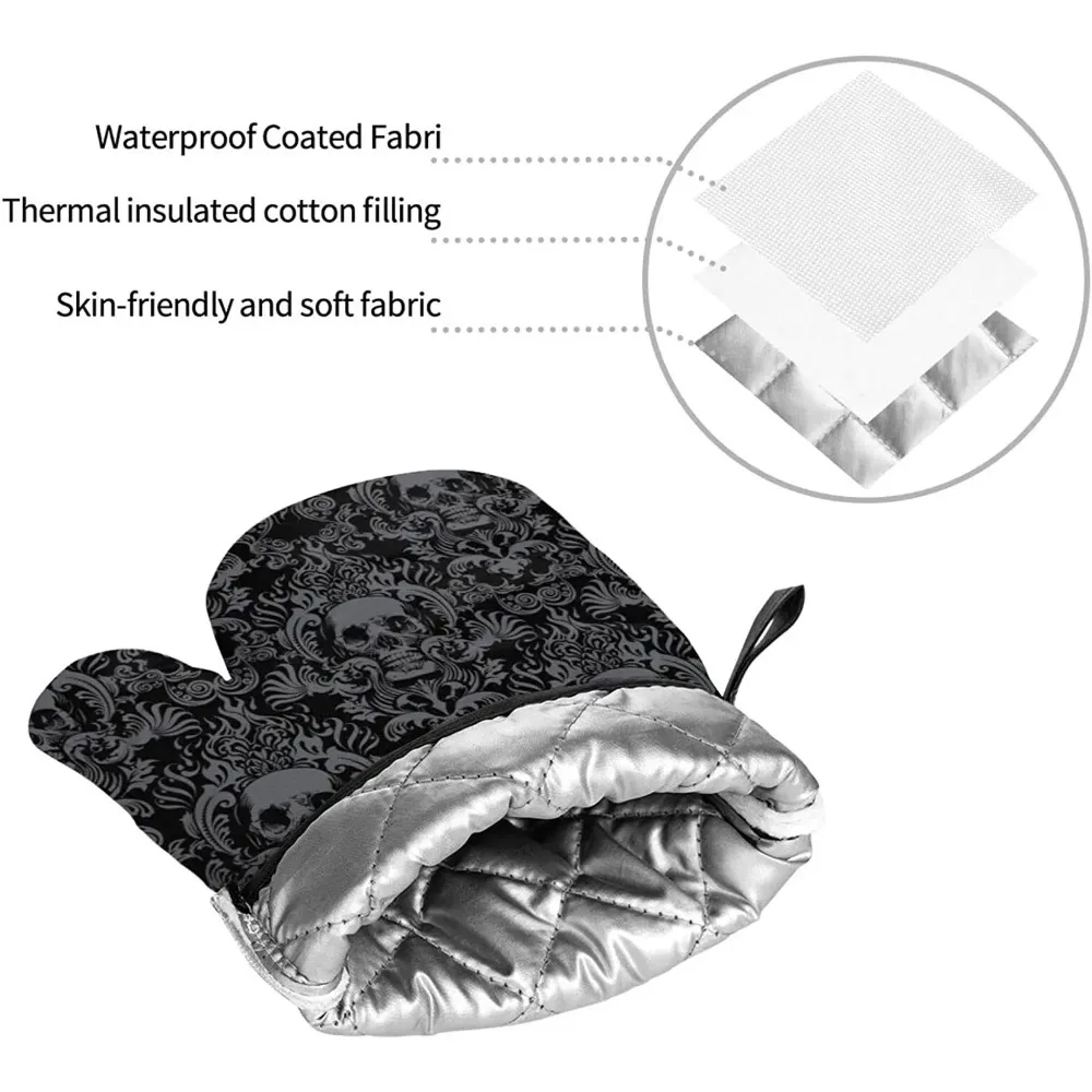 Oven Mitts and Pot Holders Sets Gothic Skull Flower 4 High Heat Resistant with Gloves and Hot Pads
