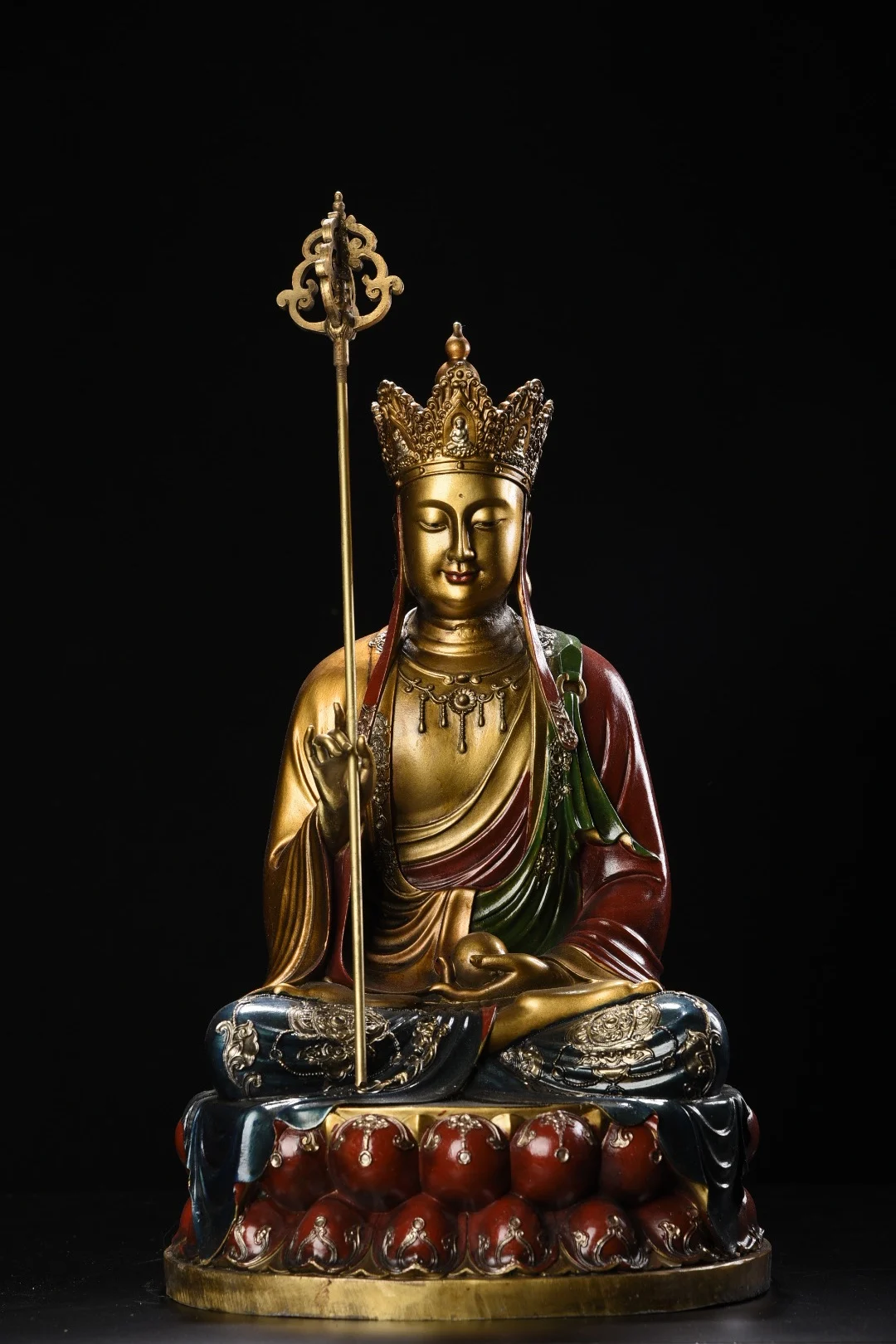 

17"Tibet Temple Collection Old Bronze Painted Cinnabar Ksitigarbha Bodhisattva Amitabha Buddha Lotus Terrace Worship Hall