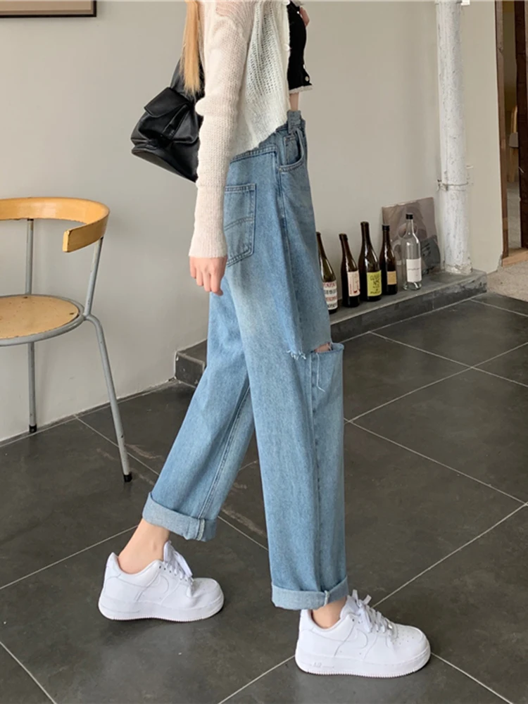 Stylish Irregular Blue Ripped Holes Jeans Korean Chic High Waist Wide Leg Denim Pants Loose Casual Trousers Dad Jeans 2023 New