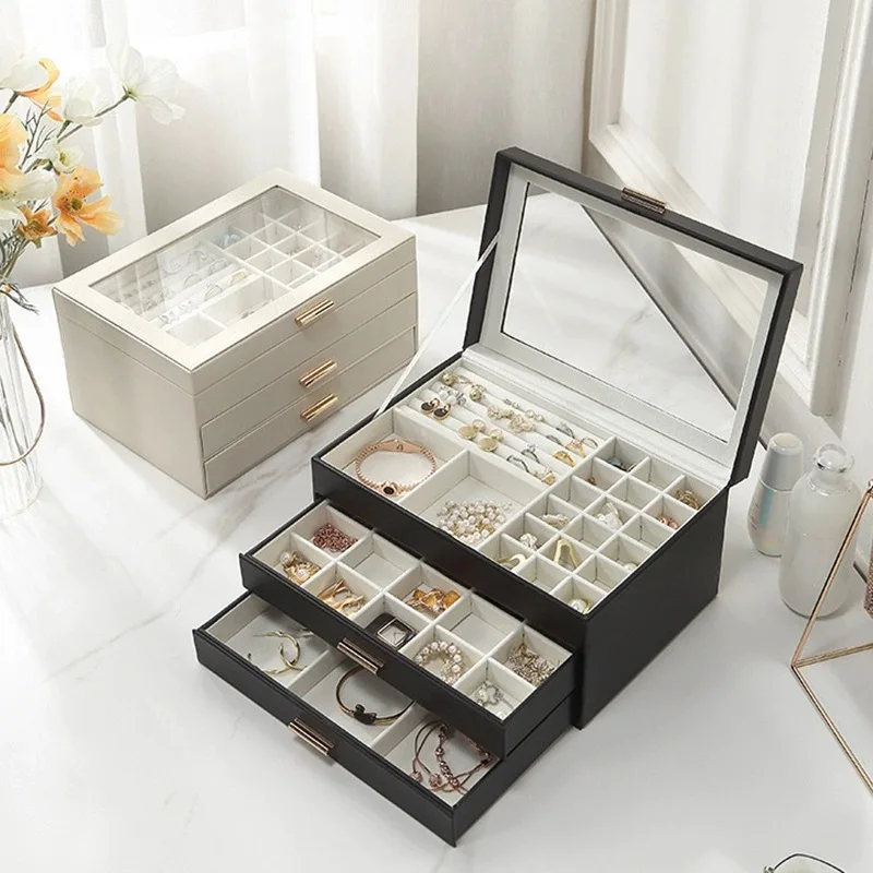 S/M/L 3Layers Jewelry Organizer Display Jewelry Box Portable Travel Jewelry Case Boxes Button Leather Storage Jewelers Joyeroe
