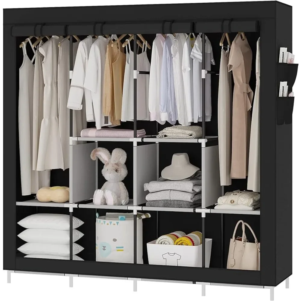 

Portable Closet Large Wardrobe Closet Clothes Organizer with 6 Storage Shelves, 4 Hanging Sections 4 Side Pockets,Black