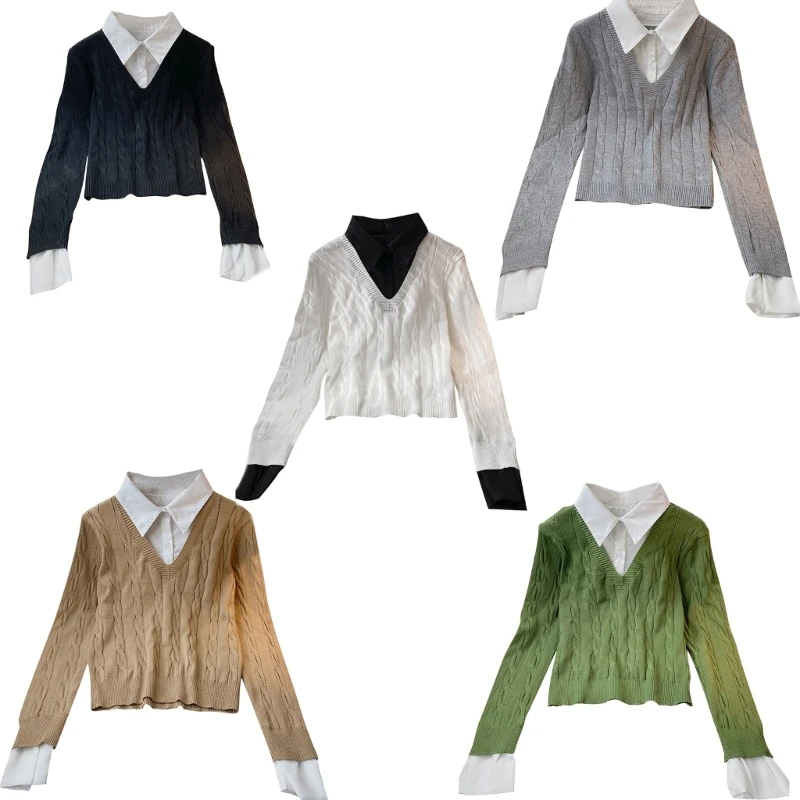 

Women's Collared Contrast Knitted Sweater Casual Pullover Sweatshirt 2 in 1 Tops