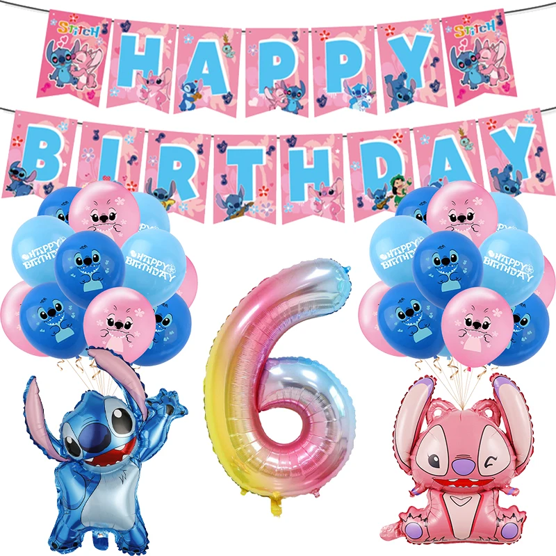 thumbnail image 1 of Decoración de cumpleaños de Disney Lilo y Stitch, juego de vajilla con puntada rosa, globos, mantel, vaso de papel, plato, telón de fondo, suministros para fiesta, 1 of 5