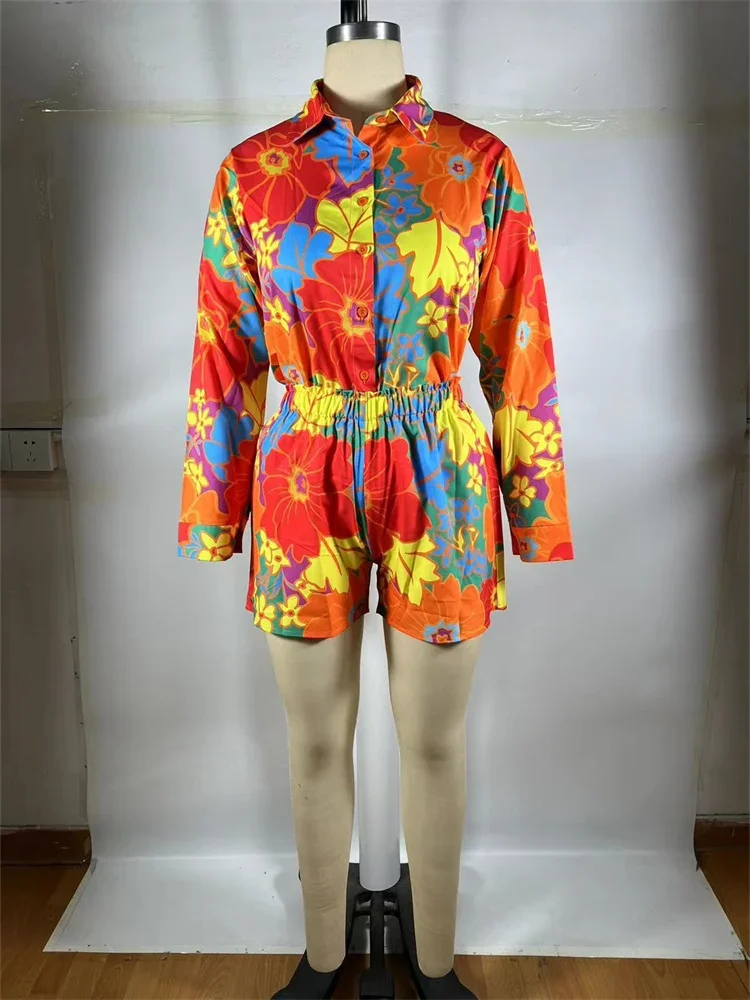 Wmstar 2 Piece Sets Women Outfit Flower Random Print Long Sleeve Shirt and Shorts Set  Two Piece Wholesale Dropshipping 2025