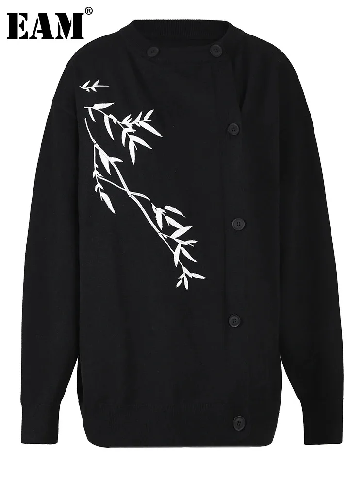 

[EAM] Black Printed Knitting Cardigan Sweater Loose Fit V-Neck Long Sleeve Women New Fashion Tide Spring Autumn 2024 CPG0645