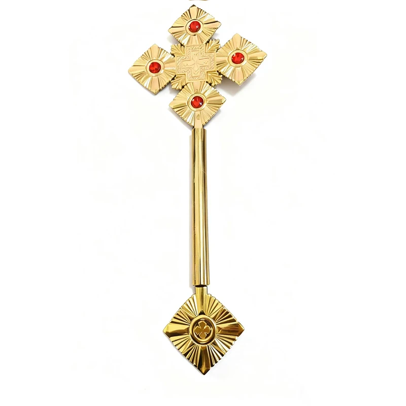 Östliche orthodoxe Metallkreuzzepter, religiöse Zeremonie, Sakramentfeier, eingelegt mit hellem Rubin, klassischer religiöser Glaube – Detail 2