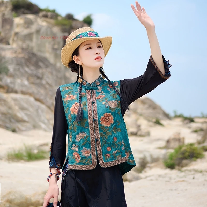 national flower embroidery satin jacquard vest chinese traditional stand collar folk vest oriental retro sleeveless jacket