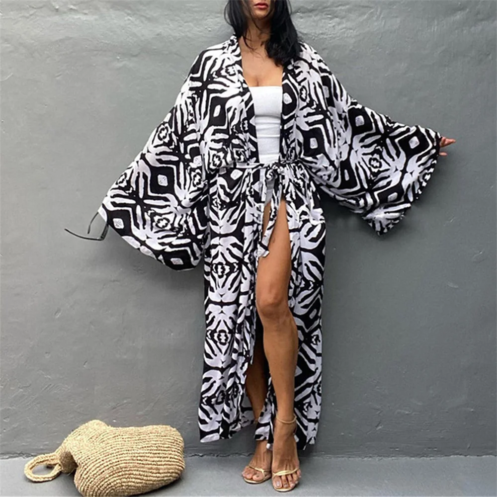 bathing suit dress cover ups 2022 Bohemian Print White Beach Bikini Cover Up Dress Tunic Long Pareos Bikinis Elegant Self Belted Kimono Robe Plage Beachwear mesh bathing suit cover up