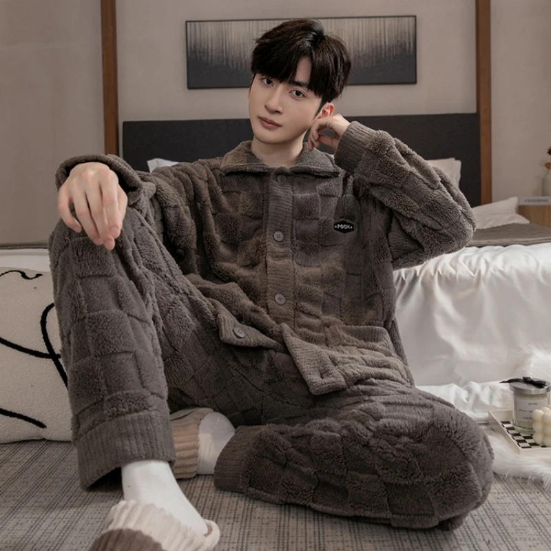 Autumn Winter Men's Coral Velvet Pajamas Plush Thickened Flannel Home Clothing Set Solid Long Sleeve Plaid Jacquard Sleepwear pajamas women s autumn and winter thickened plush robe set long student cartoon can be worn outside coral velvet home clothes