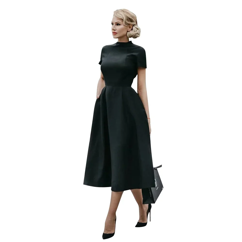 

Women Elegant Black Dress Half High Collar High Waist A-Line Dresses Slim Fit Midi Dress Office Lady Female Solid Vestidos Robe