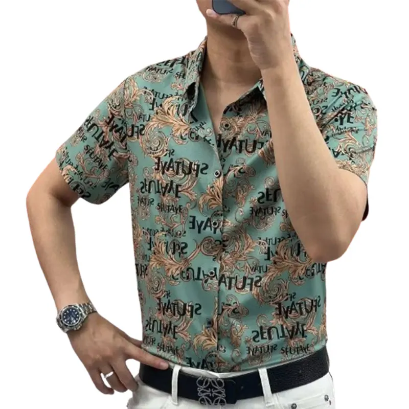 Elegant Fashion Harajuku Slim Fit Ropa Hombre Loose Casual All Match Shirt Printed Button Pointed Collar Short Sleeve Blusa