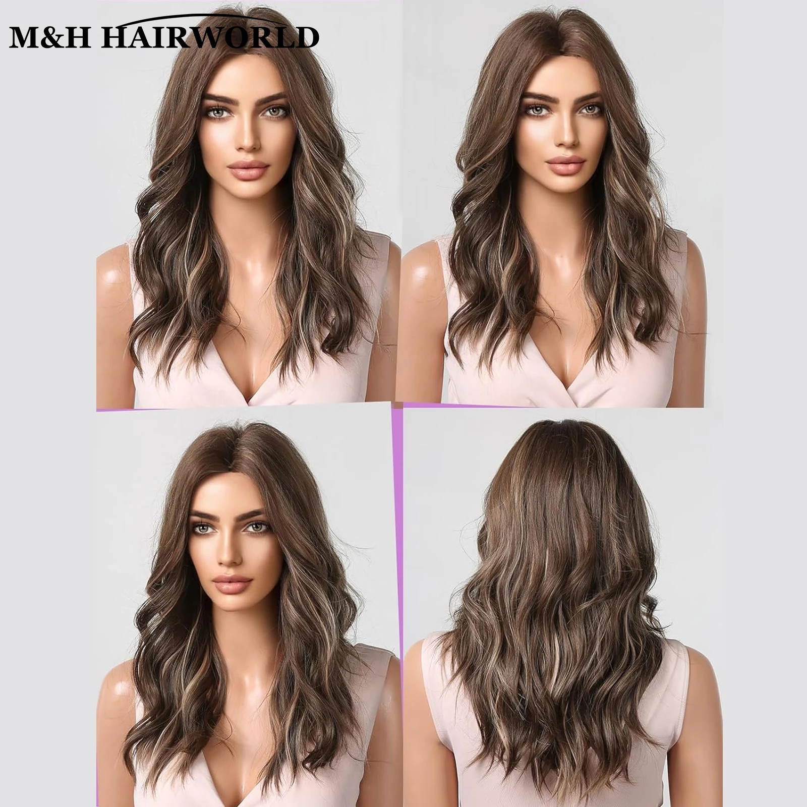 Long Wavy Curly Synthetic Hair Lace Front Wigs for Women Ombre Brown Highlight Color Wig Lace Frontal Wig for Daily Party Use
