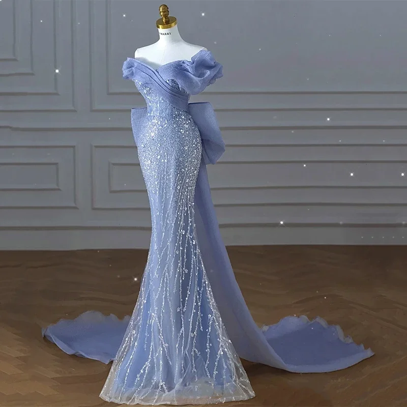 

Luxury Blue V-Neck Prom Evening Gowns Bubble Sleeves Straight Shoulder Strap Detachable Bow Tie Up Pleated Beaded Party Dresses