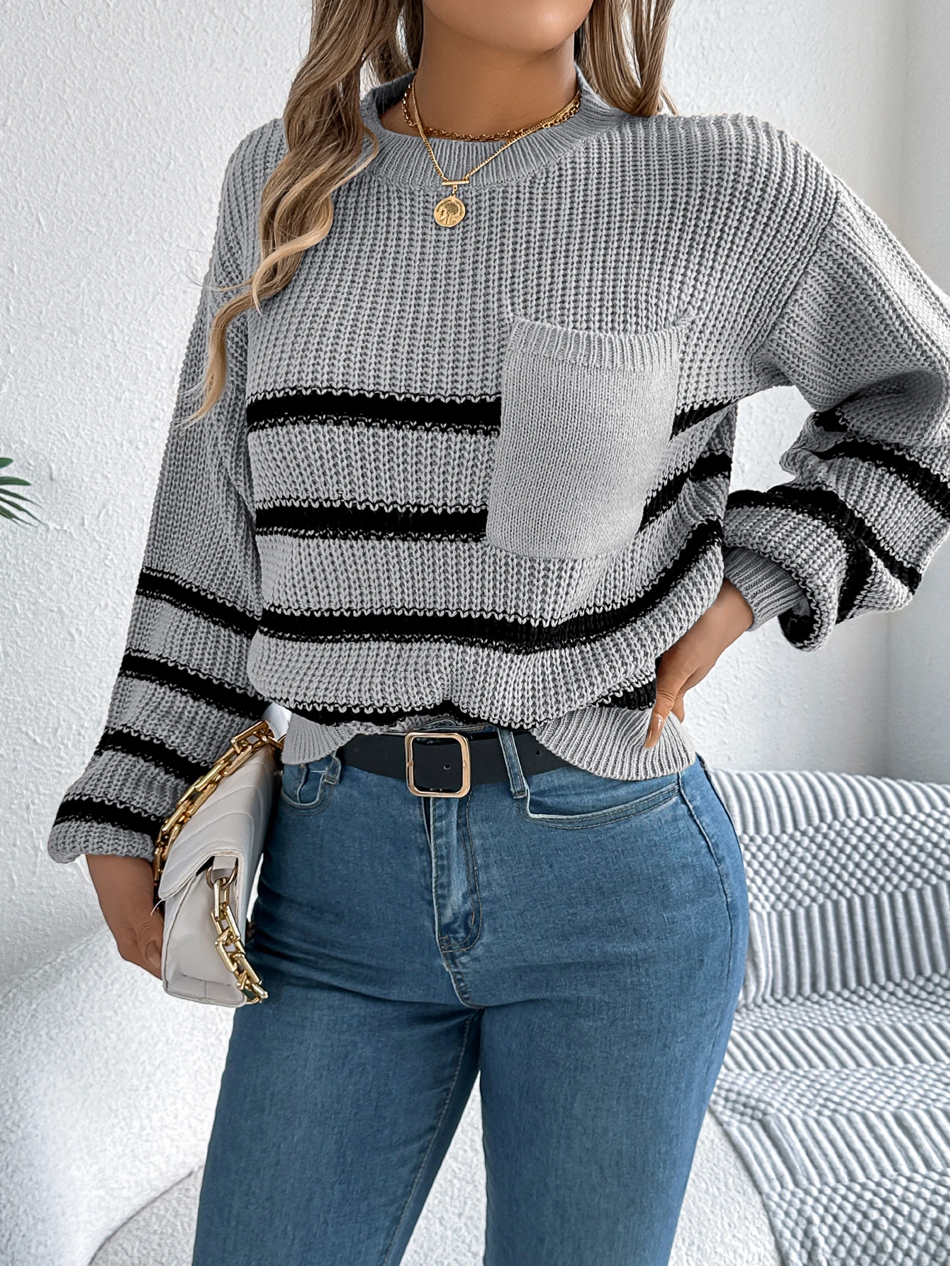 White Striped Knitted Sweater for Women Autumn Winter
