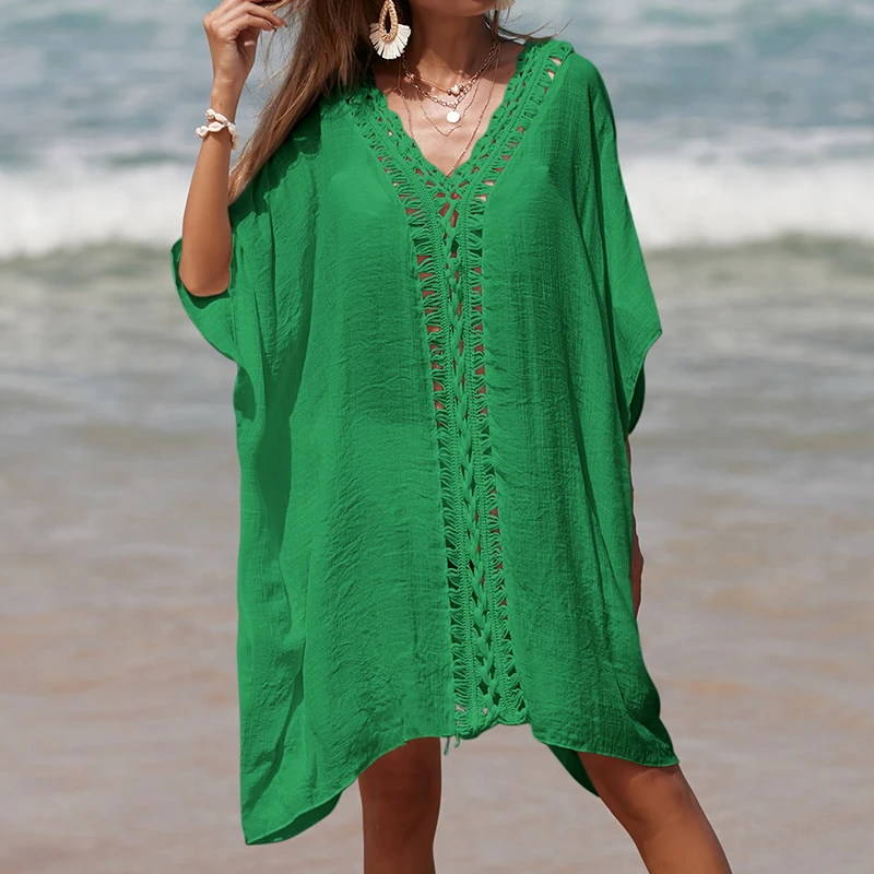 Holiday Crochet Knitted Beach Cover-Ups Dress Splicing Loose Dress Solid Color Beachwear transparent Sunscreen Sexy Beach Smock 1