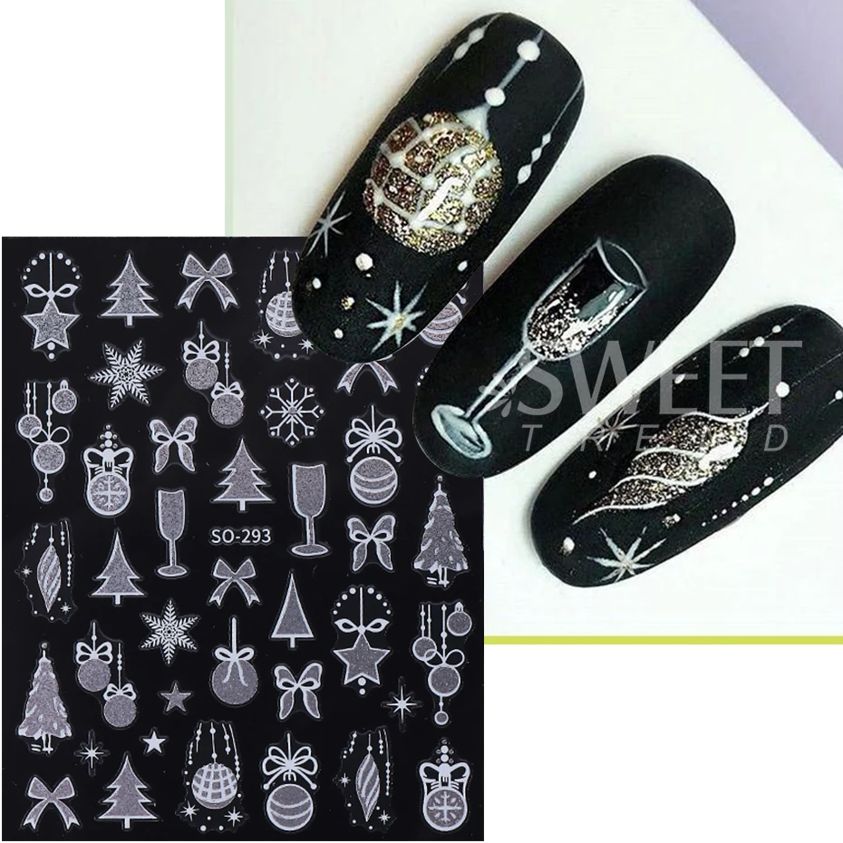 3pcs Glitter Christmas Santa Claus 3D Nail Stickers Xmas Tree Elk Snowflake Ball Bow Adhesive Decals DIY Winter Manicure Decor