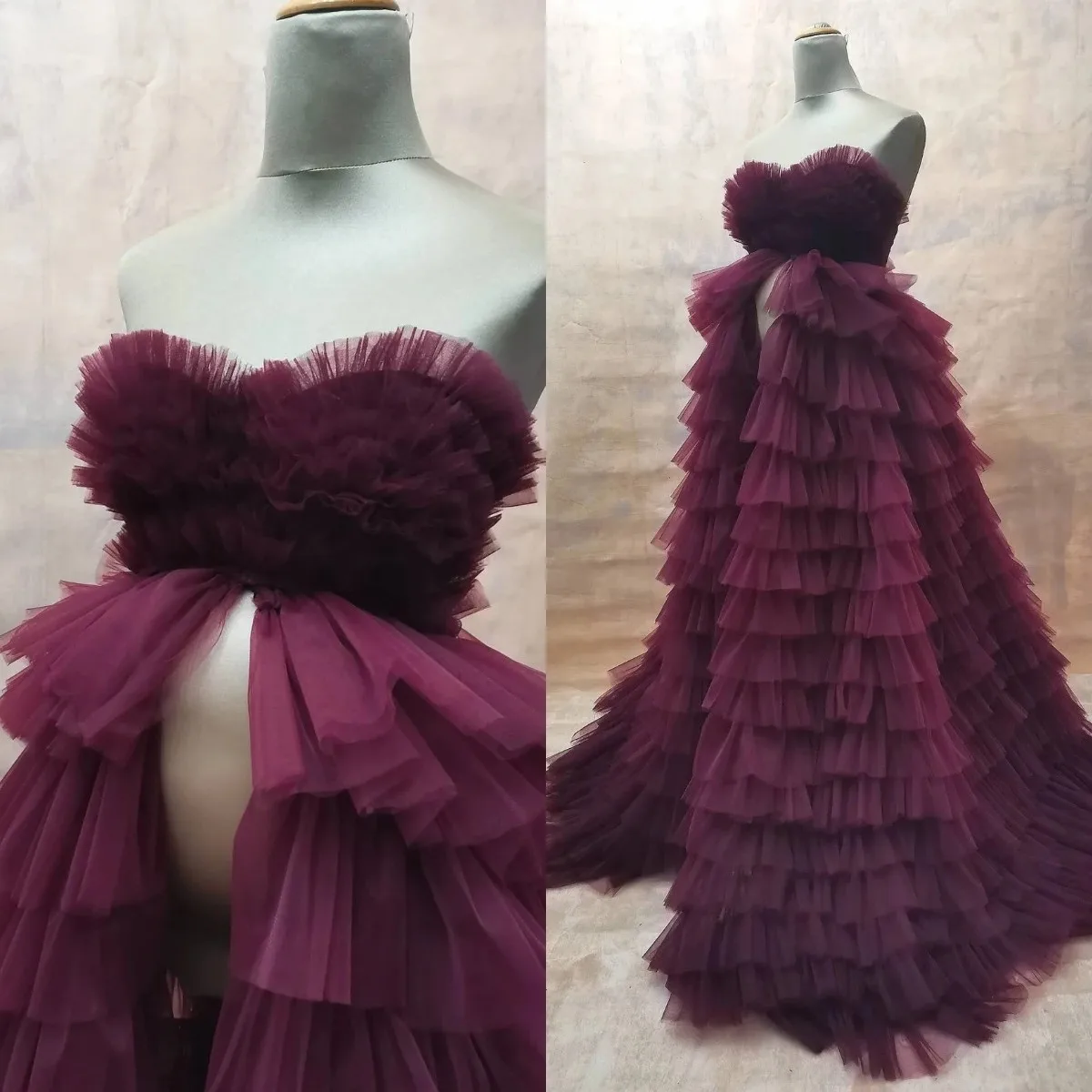 

Burgundy A Line Tulle Maternity Robes for Photo Shoot Tiered Ruffles Pregnant Women Dresses Sexy Sleeveless Baby Shower Dresses