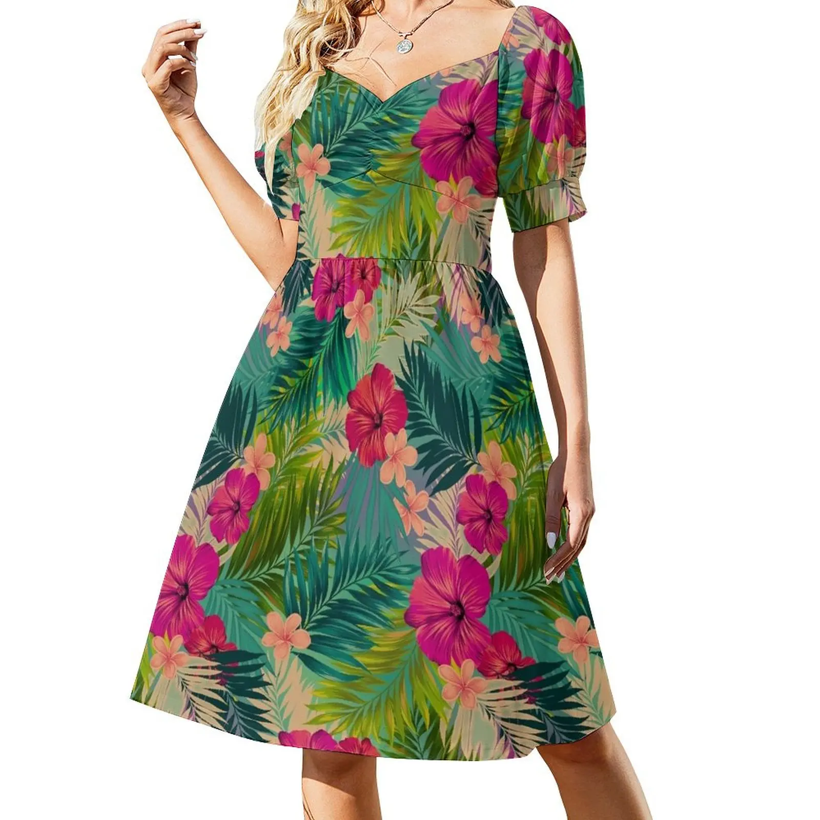 thumbnail image 1 of Vestido elegante de manga corta con estampado tropical de verano para mujer, vestido de fiesta de verano , vestido de playa al atardecer, 1 of 7