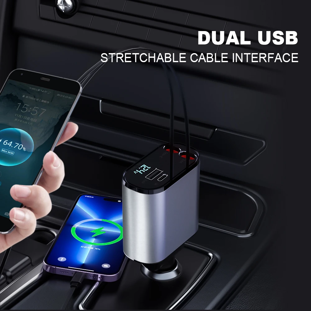 120W 4 IN 1 Retractable Car Charger USB C Cable For IPhone Huawei Samsung Fast Charge Cord Cigarette Lighter Adapter PD QC3.0 2
