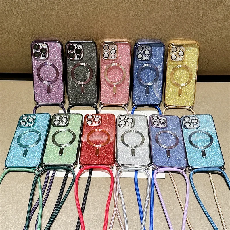 Sparkling Crossbody Lanyard Magnetic Phone Case with Electroplated Soft TPU Back Cover