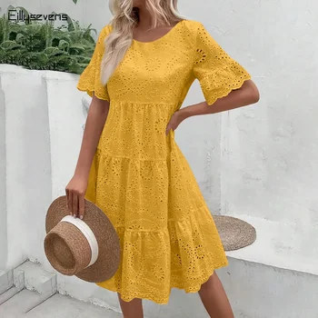 Women's Boho Style White Dresses Casual Pleated Solid Lace Hollow Dress Short Sleeve Sundress