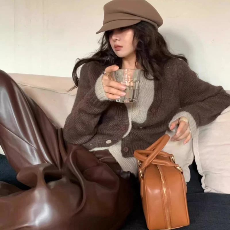 New Autumn and Winter Women's Fake Two-piece Long-sleeved Cardigan Sweater Fashion Single-breasted Slim-fitting Knitwear Top