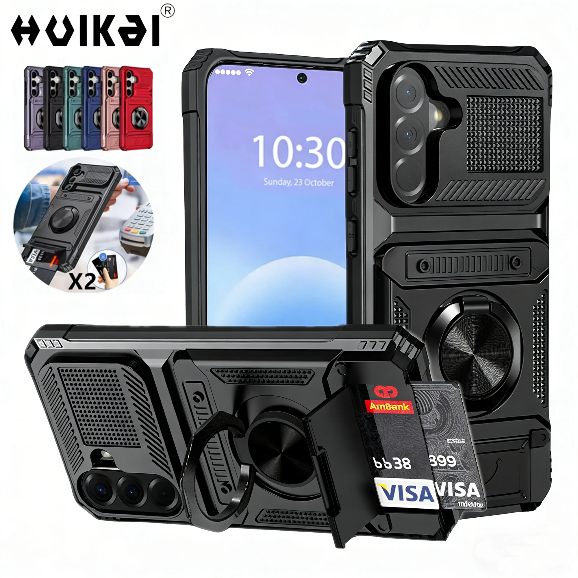 Heavy Shockproof Wallet Phone Case with Rotating Ring Kickstand and Card Holder