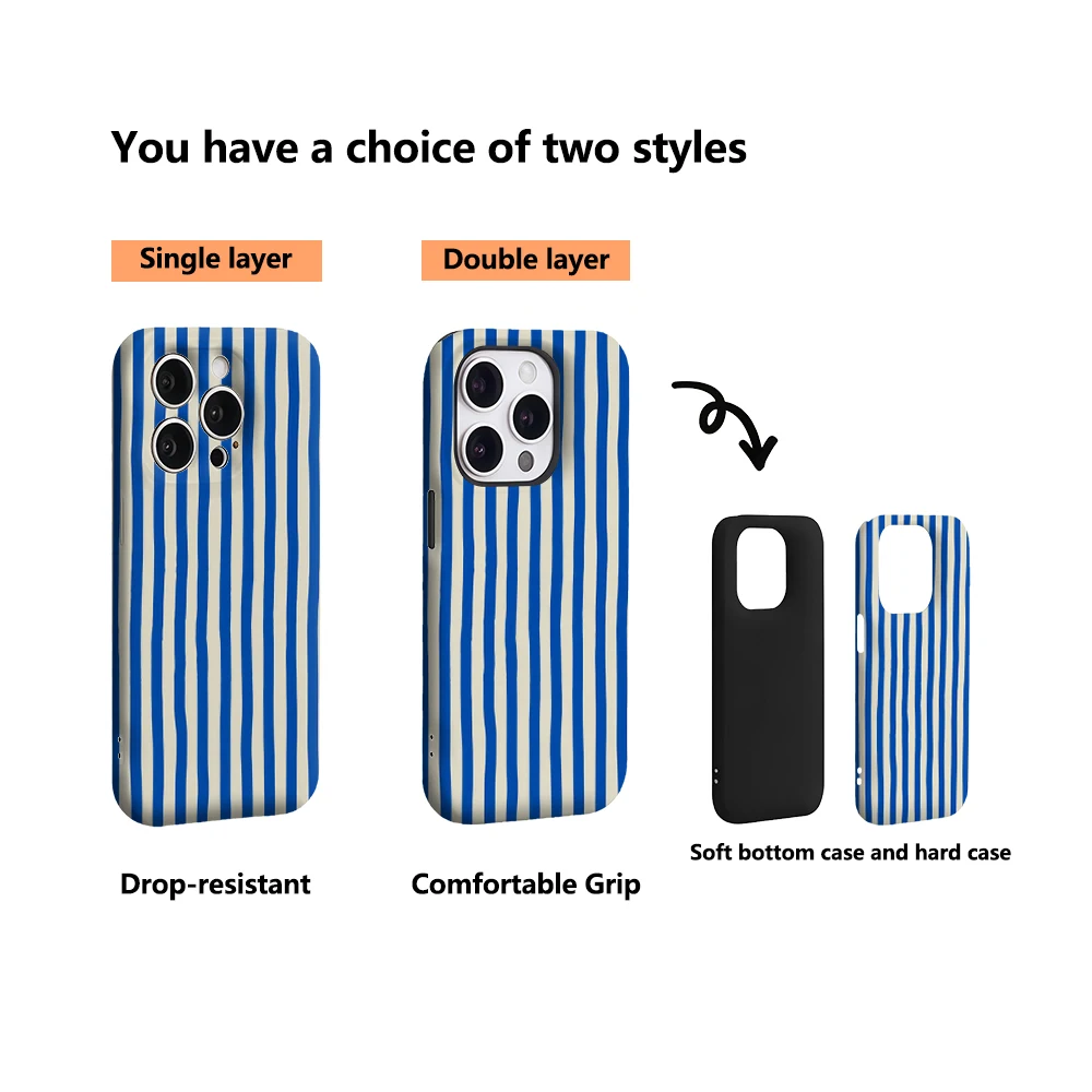 Luxury Double-Layer Back Cover with Nautical Blue & Cream Stripes