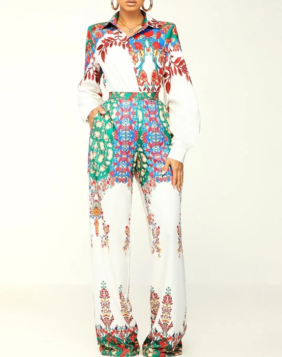 

2024 Spring/summer Women's Youth Flower Printed Slim Fit Long Sleeved Shirt and Printed Wide Leg Pants Set