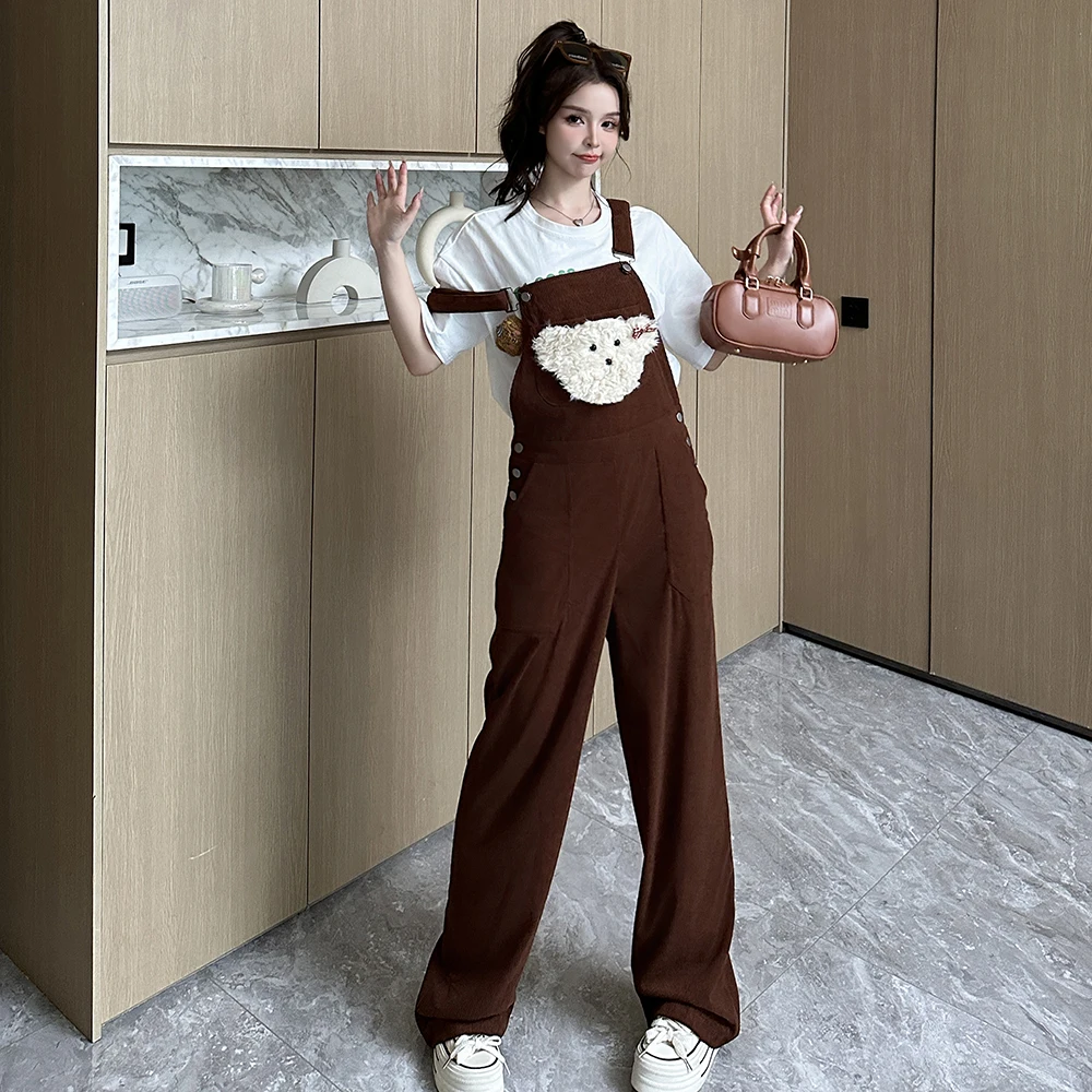 

Brown Dogs Pattern Strap Pants for Women's 2024 Designed Corduroy Wide Leg Pants Loose and Casual Straight leg Overalls Jumpsuit